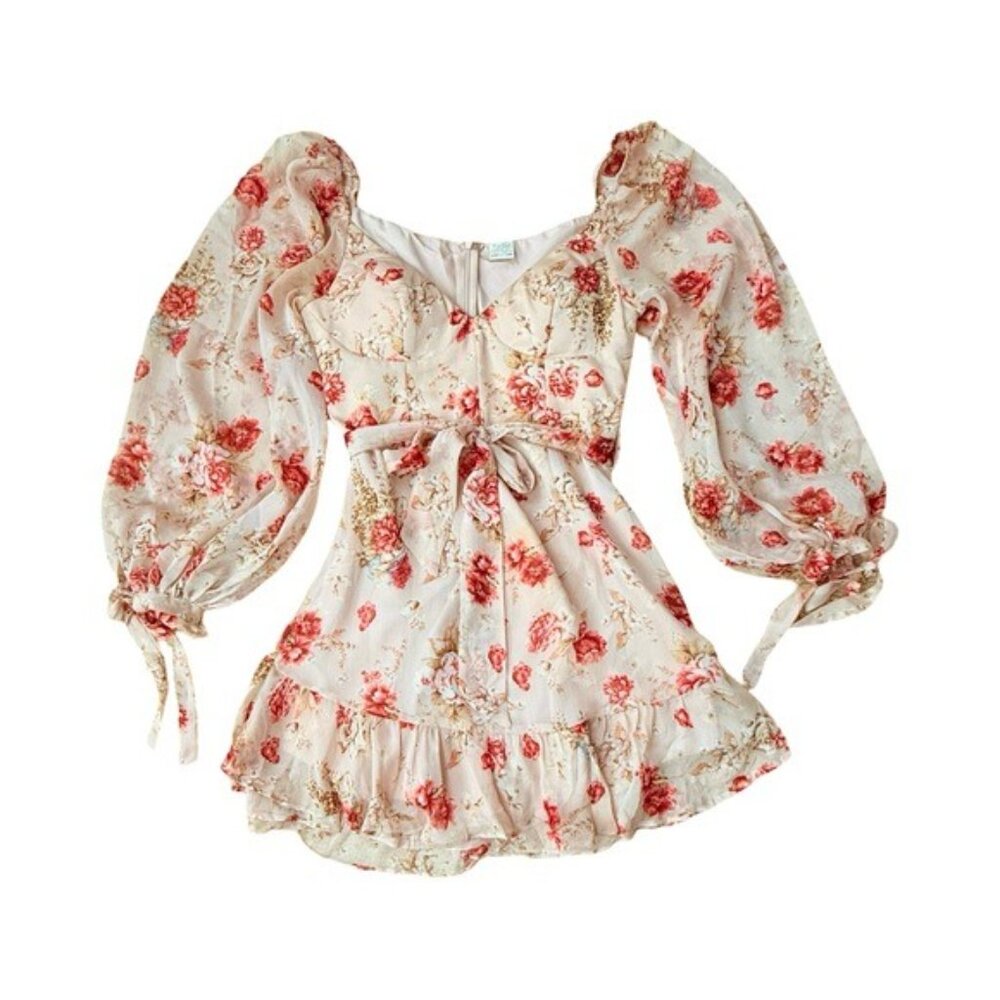 Selfie Leslie Pink Floral Mini Ruffle Chiffon Dress Milkmaid Size M